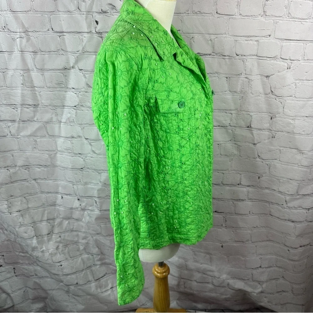 quacker factory Bright Green embroidered cotton Jacket sz medium - Picture 2 of 8